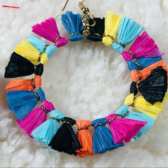Hoop earrings with bright rainbow tassels around whole hoop - Picture 3 of 3